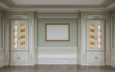 Sticker - Сlassic interior in olive colors with wooden wall panels, showcases and frame. 3d rendering.