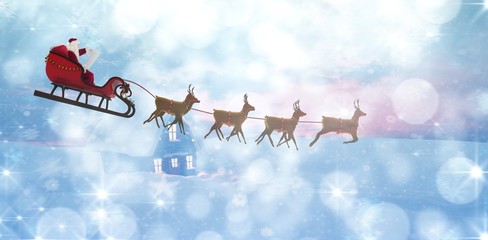 Wall Mural - Composite image of side view of santa claus riding on sleigh