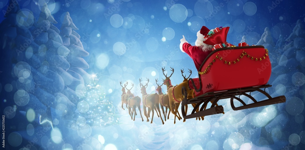 Composite image of santa claus riding on sleigh with gift box - obrazy, fototapety, plakaty 