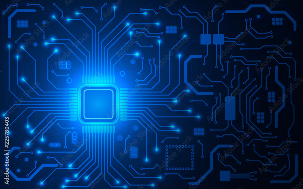 CPU chip and circuit board. Blue microprocessor background. Computer ...