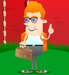 Schoolboy holding suitcase and making a point. Vector cartoon character illustration.
