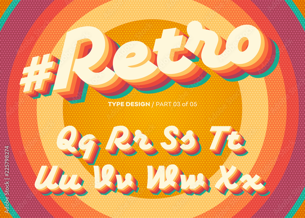 Vector Retro Alphabet Design. Vintage 3D Typeface with Colorful Rainbow Layers. Decorative Letters in 70s Style. Funky Typeset for Poster or Banner. Trendy Classic Cursive on Retro Circle Background. - obrazy, fototapety, plakaty 
