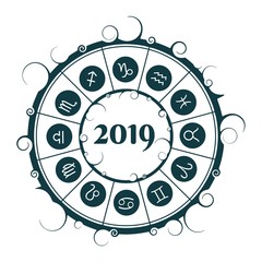 Wall Mural - Astrological symbols in the circle. New Year and Christmas celebration card template. Zodiac circle with 2019 new year number.