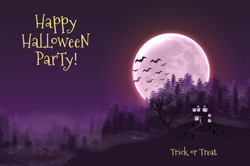 Happy Halloween night background with haunted scary house and full moon