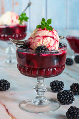 Canvas Print - Vanilla ice cream dessert with plum and blackberry syrup with fresh fruit