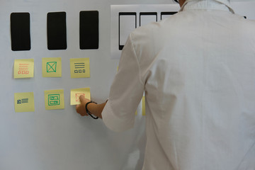 user experience ux designer designing web on smartphone layout. ui planning mobile application. deve