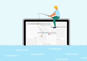 Wall Mural - A man sit on computer trying to catch webpage on the hook. In ocean of ideas find your web design. Fresh form concept, pastel color. Startup, social media, advertising, marketing, UI UX process