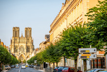 Street View With Cathedral In Reims City, France