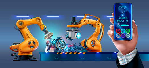 Aufkleber - Businessman management smart factory with robotic arms and conveyor via smartphone connected to the Internet. Phone application displaying infographic and statistics of automation manufacturing.