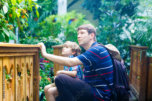 Foto Father and preschool kid boy discovering flowers, plants and butterflies at botanic garden