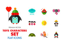 Toys Characters Icon Set. Elephant, Bear, Penguin, Fox. Cartoon Concept. Can Be Used For Topics Like Art, Application, Animation