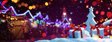 Christmas Fair With Street Festive Light. Holiday Concept