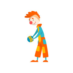 Wall Mural - Funny clown cartoon character performing with ball at birthday or carnival party, circus performance vector Illustration on a white background