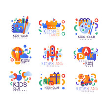 Kids Club Logo Original Set, Creative Labels Templates, Playground, Entertainment, Science Education Curricular Club Badges Vector Illustration On A White Background