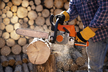 The worker works with a chainsaw. Chainsaw close up. Woodcutter saws tree with chainsaw on sawmill. Chainsaw in action cutting wood. Man cutting wood with saw, dust and movements.