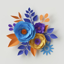 3d Render, Yellow Blue Violet Paper Flowers Design, Floral Decor Isolated On White Background, Botanical Fashion Ornament, Bridal Bouquet, Holiday Digital Illustration