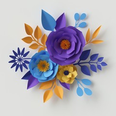 3d render, yellow blue violet paper flowers, floral bouquet isolated on white background, botanical fashion ornament, bridal design, holiday digital illustration