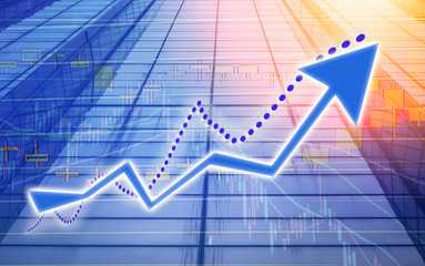 Stock index growth shown the graph and chart in Commercial buildings background (blue bull chart)