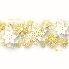 Wall Mural - vector merry christmas and happy new year greeting card design with 3d white and gold layered paper 