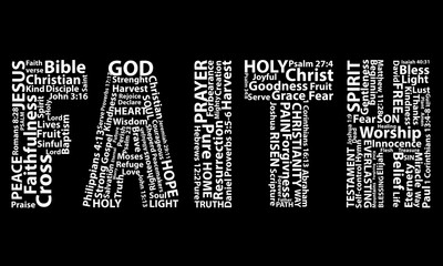 word faith in white written with christian words on black background. christian background