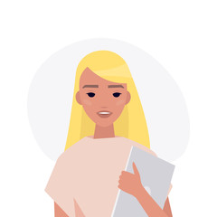 Wall Mural - A portrait of young millennial character. Blonde caucasian girl holding a laptop. Flat editable vector illustration, clip art