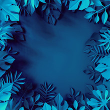 3d Render, Tropical Paper Leaves, Blue Scene Background, Jungle, Frame