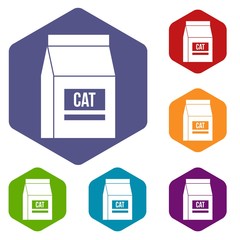 Poster - Cat food bag icons set hexagon isolated vector illustration