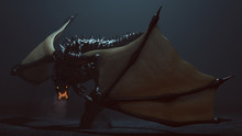 Large Legendary Horned Winged Black Dragon With Glowing Eyes And Breathing Smoke And Embers 3d Illustration 3d Render 