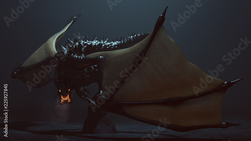 Leinwand Poster  Large Legendary Horned Winged Black Dragon with Glowing Eyes and Breathing Smoke