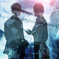 Wall Mural - business abstract background double exposure graph, chart and diagram. world wide map and. global bu