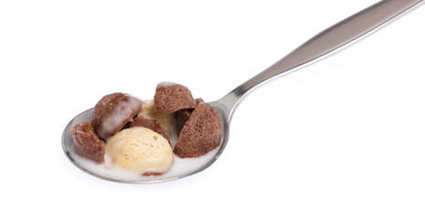 Wall Mural - spoon of chocolate Cereal with milk isolated on white background.