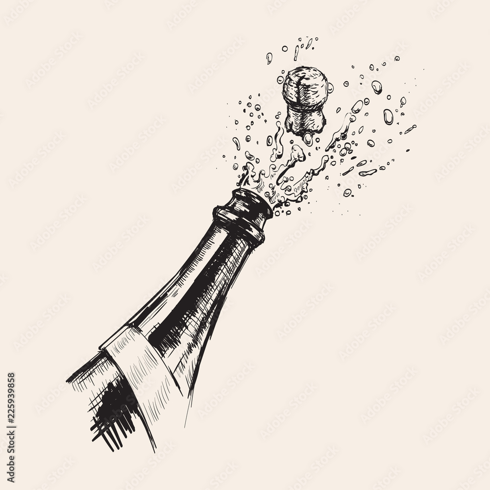 Hand drawn Illustration of Champagne explosion. - obrazy, fototapety, plakaty 