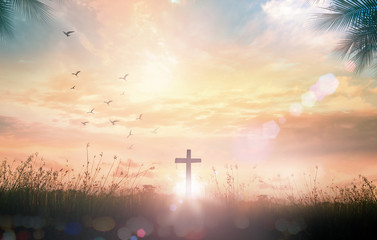 Wall Mural - Thanksgiving concept: The cross on meadow autumn sunrise background	