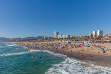 People On Santa Monica Beach, In Los Angeles, USA