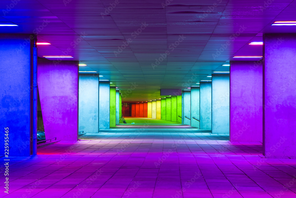 European Scenic Destinations. Tunnel of Changing Light In Rotterdam in The Netherlands. Horizontal Image Composition - obrazy, fototapety, plakaty 