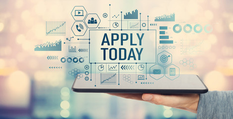 Wall Mural - apply today with man holding a tablet computer