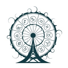 Wall Mural - Astrological symbols in the circle. New Year and Christmas celebration card template. Zodiac circle as ferris wheel