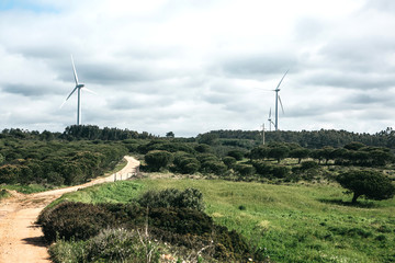 Wind farms or windmills for the extraction of wind power in Portugal. Ecological fuel or energy.