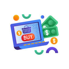 Sticker - Online shopping symbols, money and laptop computer, e-commerce concept vector Illustration on a white background