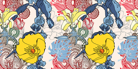 Poster - original trendy seamless artistic flower pattern, beautiful trop