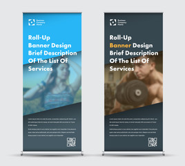 Wall Mural - vector blue and black roll-up banner design with place for photo.