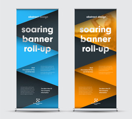 Wall Mural - set of vector roll-up banners with intersecting black, yellow and blue triangles and a place for a p