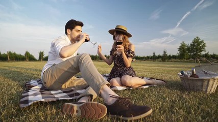 Poster - Young happy loving couple sitting outdoors on the picnic in the field drinking wine talking with each other