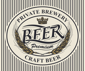 Wall Mural - vector label or banner for craft beer and brewery on striped background in retro style. template bee