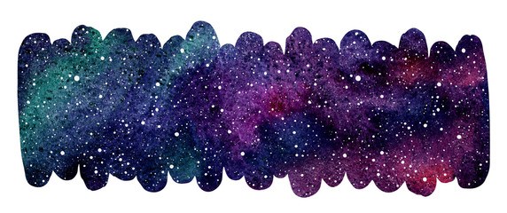 Wall Mural - Cosmic, cosmos, space watercolor background. Elongated brush stroke shape, frame, border, rounded edge. Colorful watercolour galaxy or night sky with stars texture. Hand drawn aquarelle illustration.