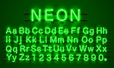 Wall Mural - Neon font city. Neon green font eps. Lamp green font. Alphabet font. Vector illustration