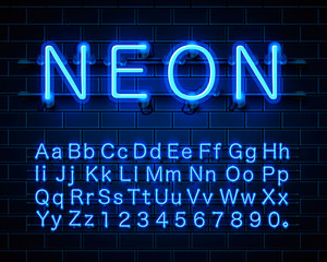 Wall Mural - Neon city color blue font. English alphabet and numbers sign. Vector illustration