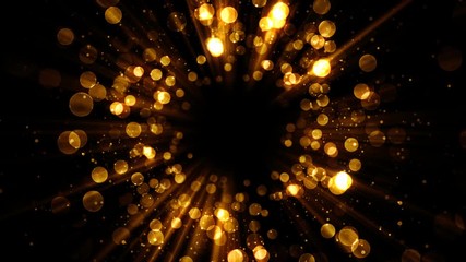 Wall Mural - Glamour abstract background for celebration with golden particles and dust come from the center. Magic vortex with lights and shiny sparks. Seamless loop.