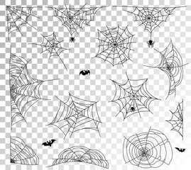 Spider web set on transparent background. Cobweb elements design. Vector illustration