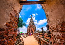Tourists Visit The Ancient Temple Wat Chaiwatthanaram Located At Ayutthaya, Thailand.